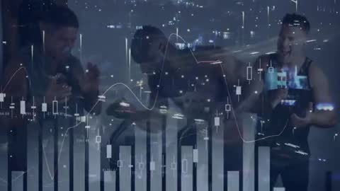 Fitness Enthusiasts Cycling with Financial Data Overlay at Night