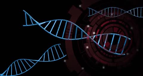 Futuristic Blue DNA Helix with Red Digital Interface Background