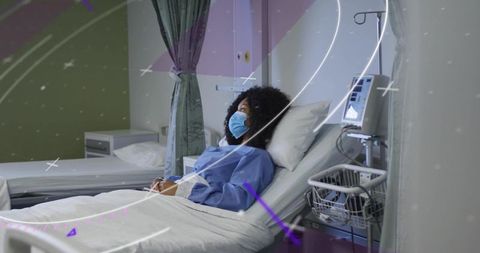 Female patient resting in hospital bed wearing surgical mask with iv pump and curtain