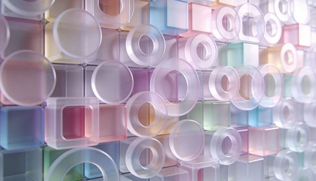 Translucent frosted glass rings and cubes on pastel grid — 3d abstract geometric relief