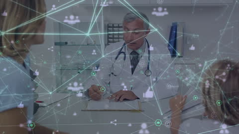 Doctor Consulting Patients with Digital Network Overlay
