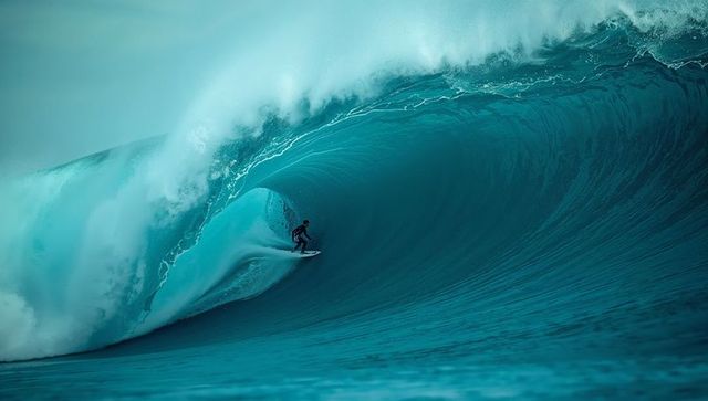 Surfer conquering massive wave in turquoise ocean tube