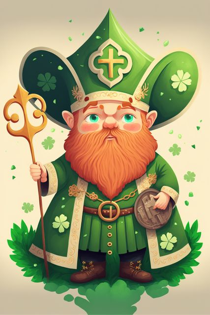 Charming leprechaun character wearing detailed green outfit with four-leaf clover designs, holding a coin in one hand and a staff in the other. Red-haired with a large beard and pointed hat with a cross. Perfect for St. Patrick's Day celebrations, themed events, holiday decorations, and Irish folklore illustrations.
