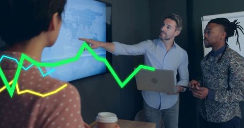 Diverse Professionals Discussing Global Data on Digital Board