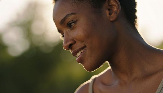 Smiling black woman basking in golden hour backlight outdoors, serene natural portrait
