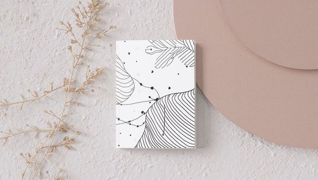Minimalist botanical line art booklet on textured plaster with dried sprig and dusty pink