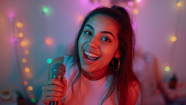 Young woman singing in creative home studio with vibrant lighting