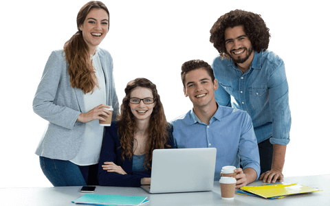 Group of young business professionals working with laptop, transparent background