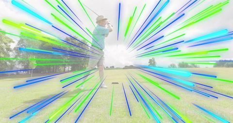 Senior golfer swinging on tee with neon radial streaks and bright fairway