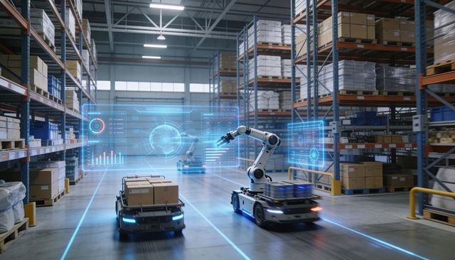 Autonomous Robot Operating with Robotic Arm Navigating Warehouse with AR Logistics HUD