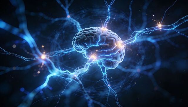 Glowing brain network connecting firing neurons, illustrating neural activity and AI