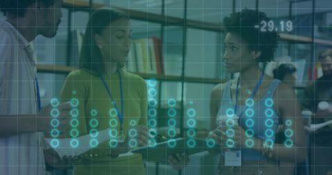 Diverse Team Collaborating with Digital Financial Interface Overlay