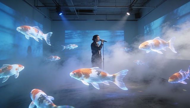 Singing vocalist performing amid immersive koi holograms and fog in blue multimedia studio