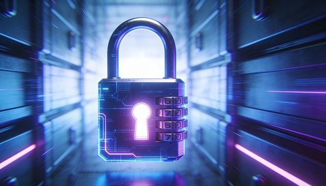 Neon Cybersecurity Padlock Hovering in Server Aisle with Glowing Keyhole and Combo Dials