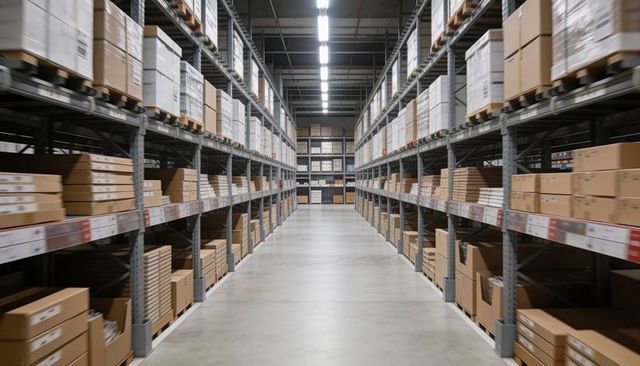 Central warehouse aisle showing industrial racking with stacked cardboard boxes