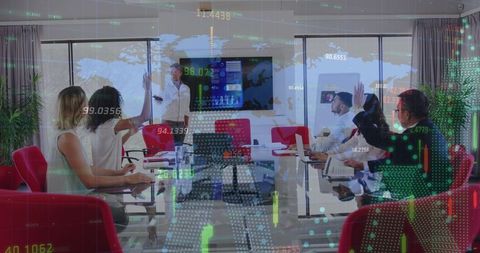 Business meeting with digital financial projections overlay