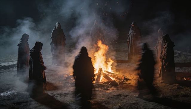 Hooded figures circling bonfire at night, ritual gathering in smoky moonlit clearing