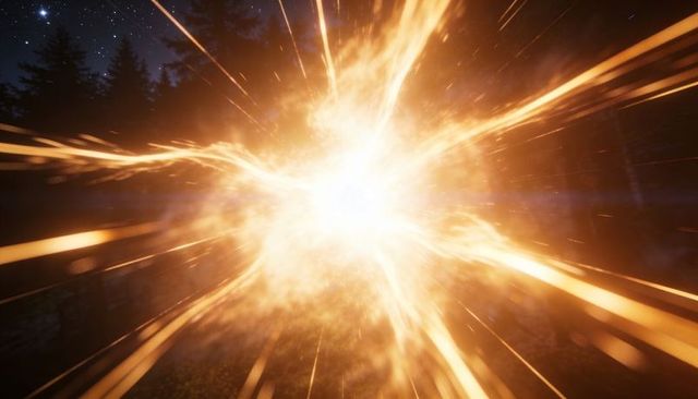 Exploding energy fireball radiating golden beams across night forest, silhouetted trees