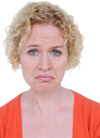 Transparent background sad woman with curly blonde hair