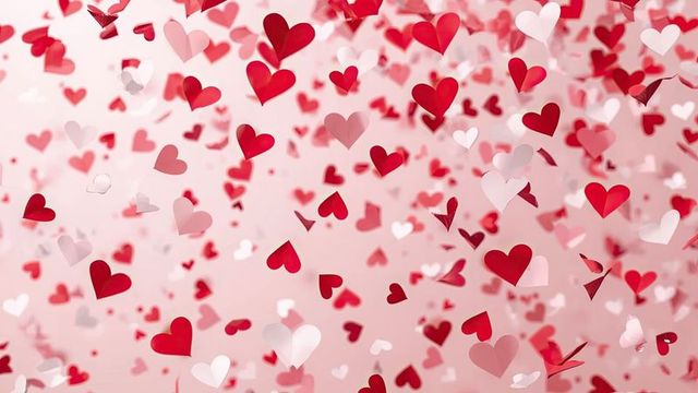 Romantic heart-shaped confetti on gradient background