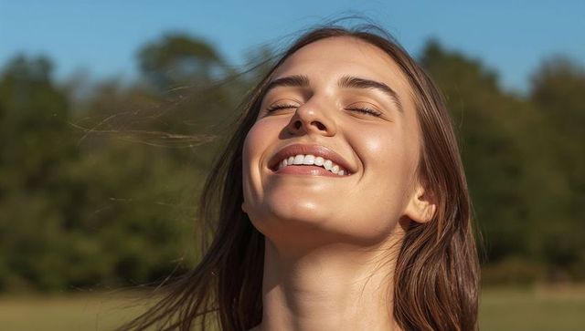 Smiling young woman tilting head back, closing eyes, basking in warm meadow sunlight