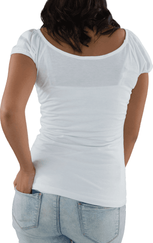 Rear View of Woman in Transparent T-Shirt and Blue Jeans Standing