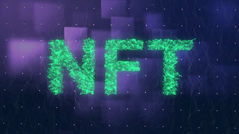 Glowing NFT Text Against Digital Network Background