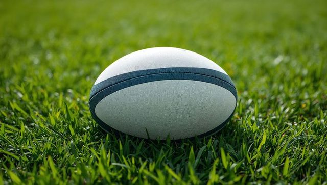 Rugby Ball Resting on Lush Green Grass Pitch in Bright Setting