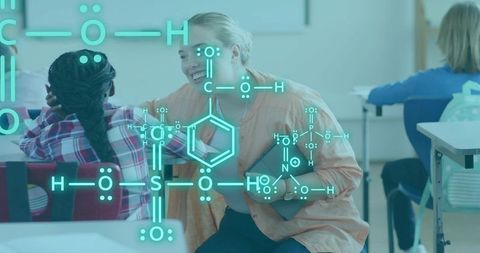 Teacher engaging student with tablet and chemical formula overlay in classroom learning