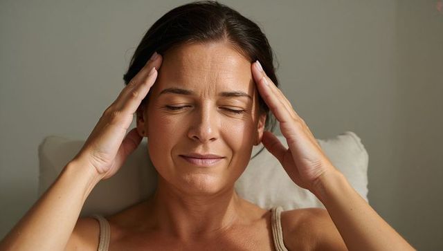 Midlife woman pressing temples and closing eyes, experiencing tension and finding calm
