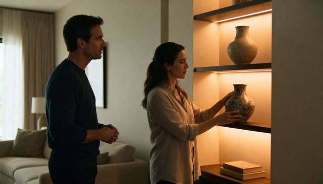 Couple arranging ceramic vases on illuminated shelving in minimalist warm living room