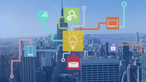 Global Technology Network Overlay on Urban Cityscape