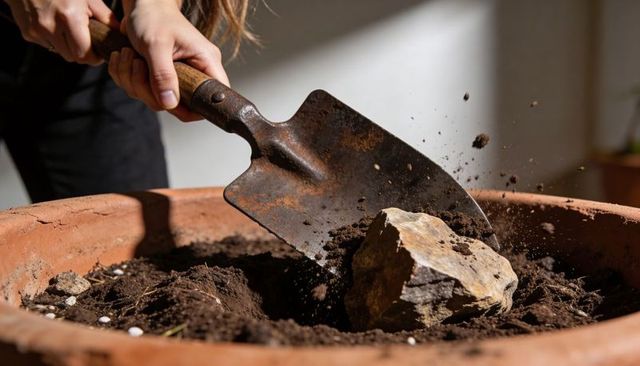 Rusty trowel digging rock from terracotta planter in sunlit soil with perlite