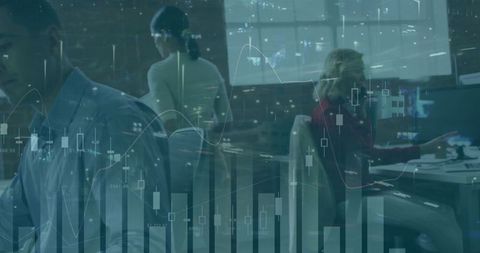 Professionals Collaborating on Stock Market Analysis in Modern Office