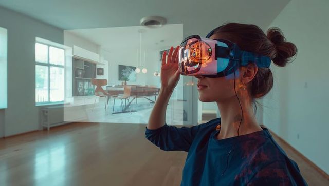 Woman Exploring Futuristic Home with VR Headset and Hologram