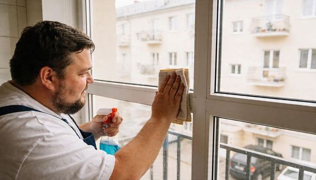 Man cleaning apartment window with spray and cloth overlooking urban balcony