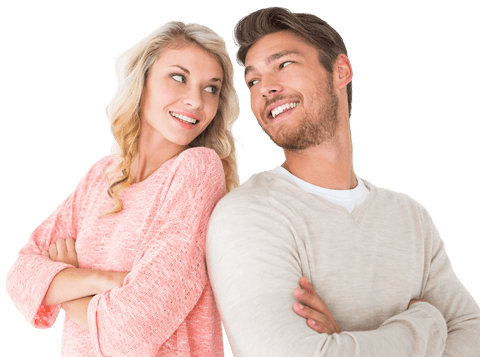 Cheerful Couple Smiling Back-to-Back on Transparent Background
