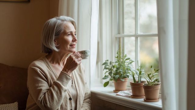 Senior woman enjoying tea while gazing out window with potted plants and sunlight