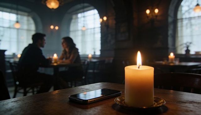 Candlelit romance in cozy cafe with smartphone on wooden table, blurred couple conversing
