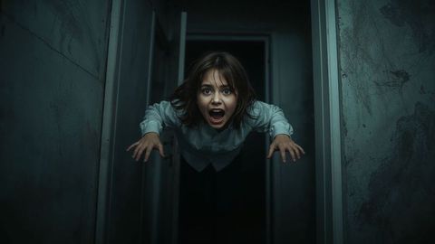 Child in narrow corridor expressing intense fear and desperation