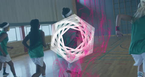 Diverse Female Basketball Team Practicing in Gym with Digital Overlay