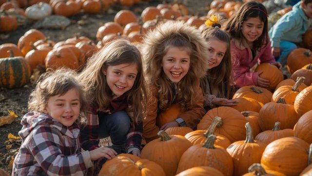 Joyful children exploring pumpkin patch on sunny autumn afternoon, laughing together
