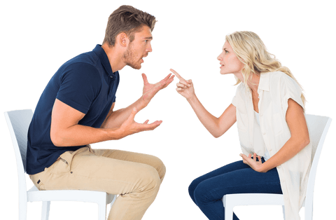 Transparent arguing young couple sitting on chairs in outburst