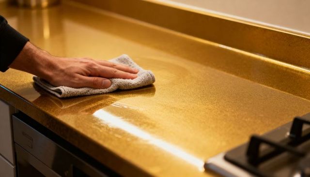 Hand wiping goldtone glossy countertop with microfiber cloth near gas stove