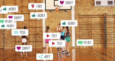 Team of Athletes Practicing Basketball Surrounded by Social Media Icons