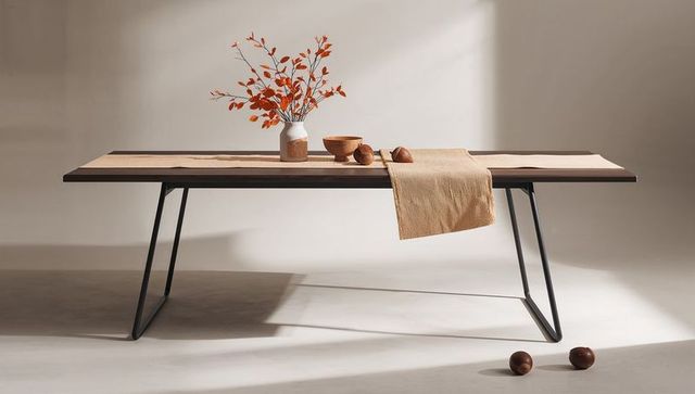 Minimalist Long Walnut Table with Black Metal Legs and Amber Branch Centerpiece