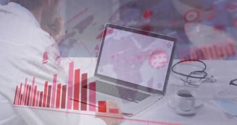 Data Analysis with Laptop Displaying Red Graph in Abstract Overlay