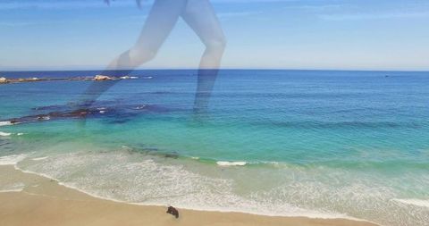 Double-exposed walking legs over turquoise coast with sitting woman gazing at waves