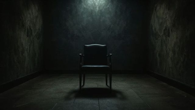 Moody interrogation room with single chair under spotlight