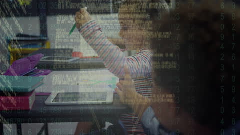 Children Using Tablet in Classroom with Digital Data Overlay